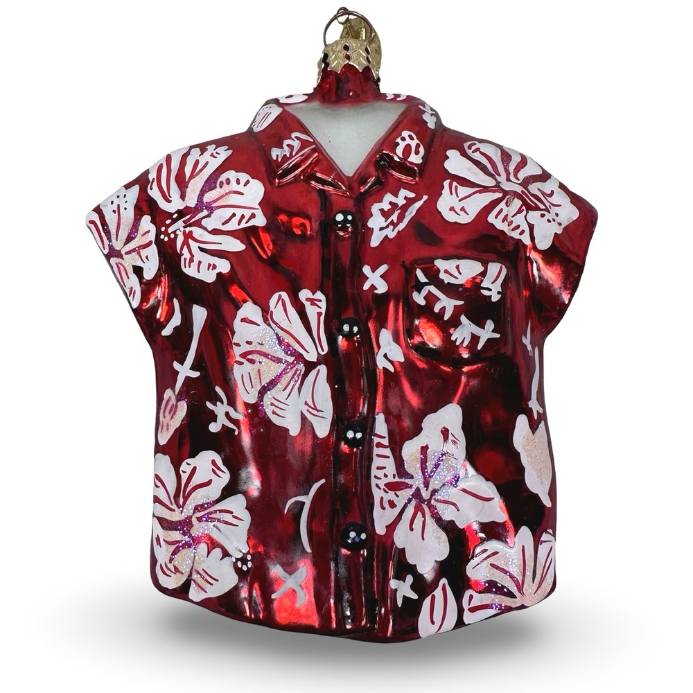 Christopher Radko Aloha Red Hawaiian Hibiscus Shirt Glass Christmas Ornament 5"